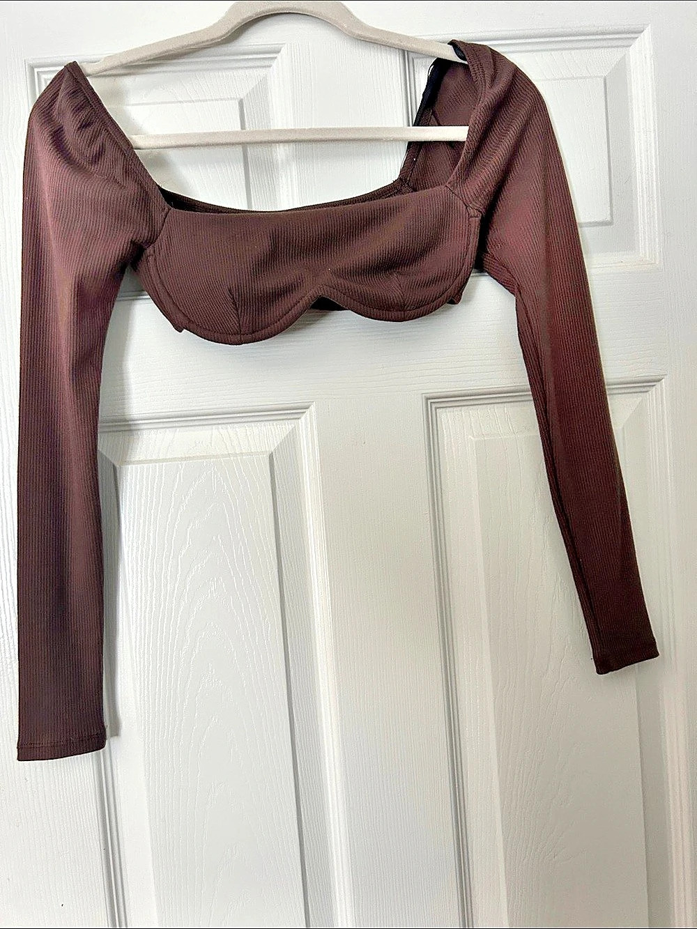 Princess Polly Koda Top Ribbed Long Sleeve Crop Top Brown US 0